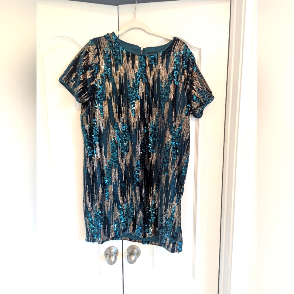 Gigio green and gold tone velvet sequin shift dress, size L